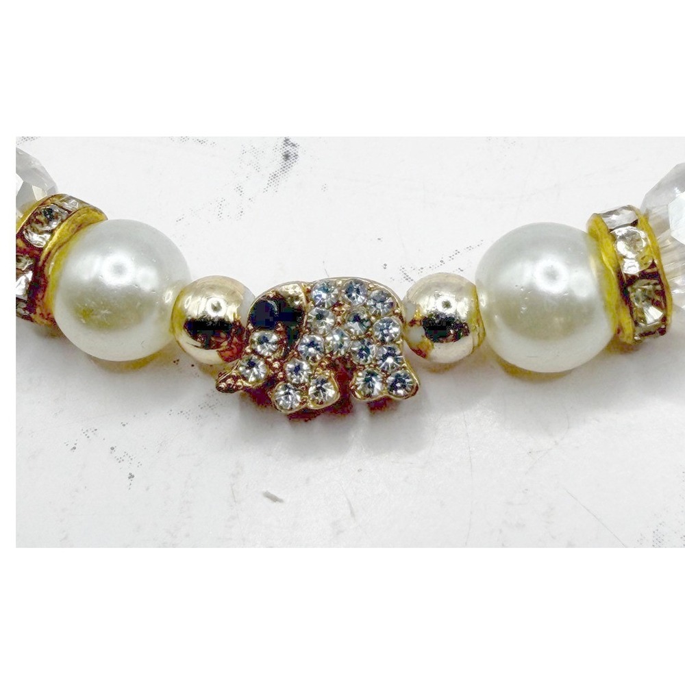 White 8mm Bead Rhinestone Elephant Gold Tone Pendant Necklace 18-20"